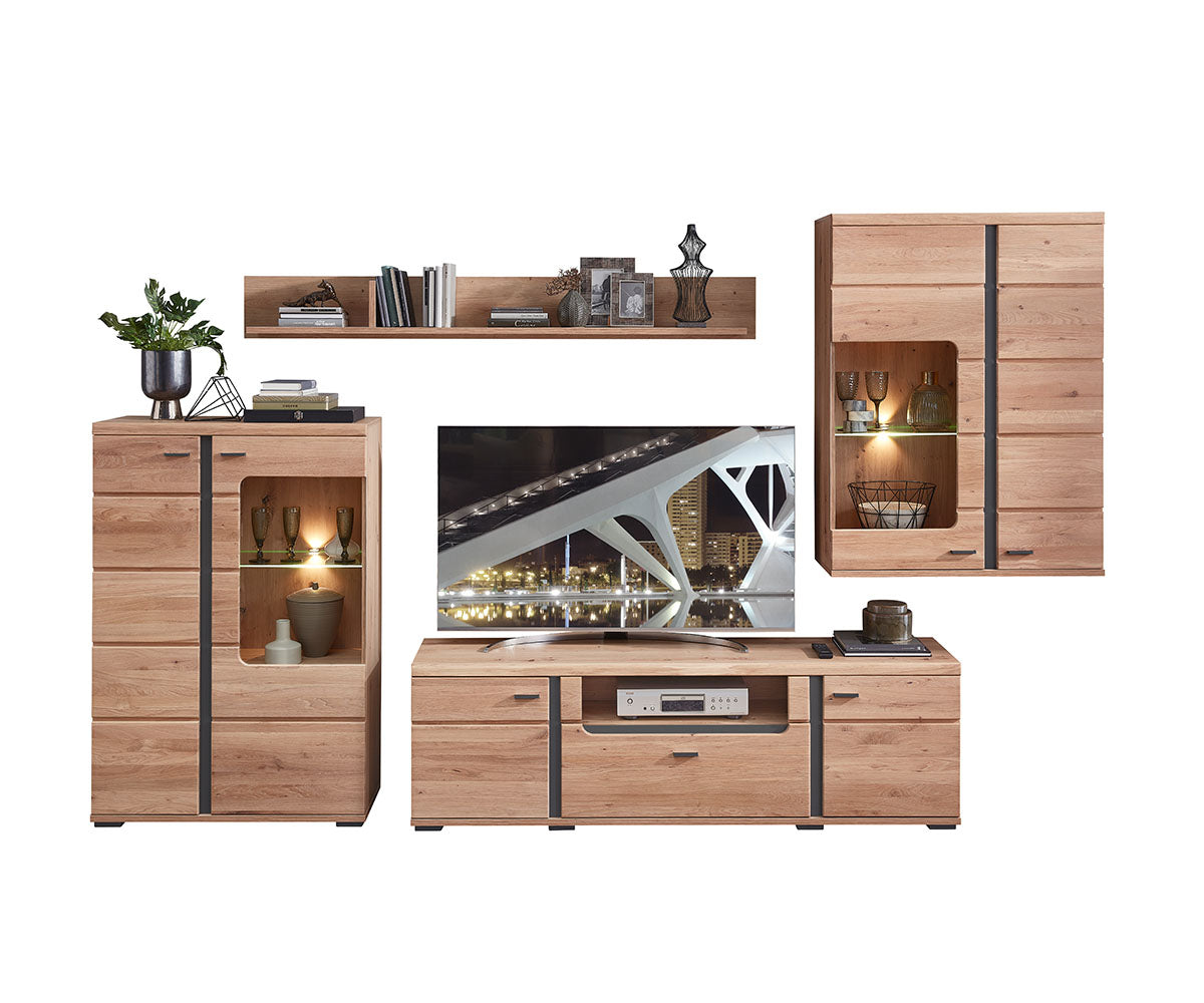 Sonos II 4-teilige Wohnwand 2 inkl. LED-Beleuchtung Altesche Bianco Massiv / Mattschwarz