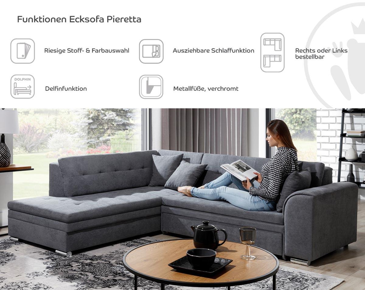Pieretta Ecksofa Ausführung Links 260 x 205 cm Dunkelgrau / Weiß (Webstoff / Kunstleder)