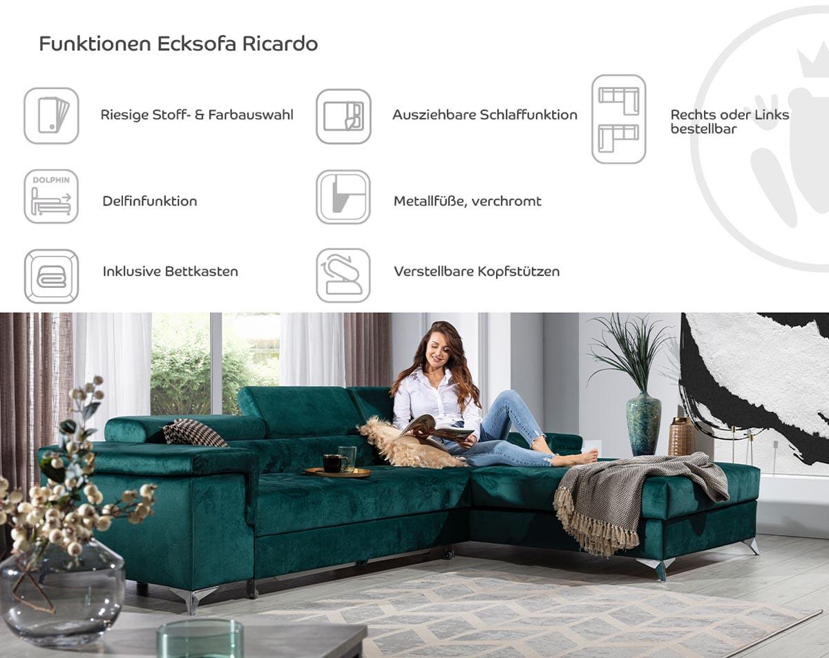 Ricardo Ecksofa 280 x 205 cm Grau (Samt)
