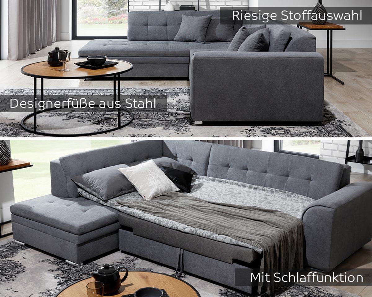 Pieretta Ecksofa Ausführung Links 260 x 205 cm Dunkelgrau / Weiß (Webstoff / Kunstleder)