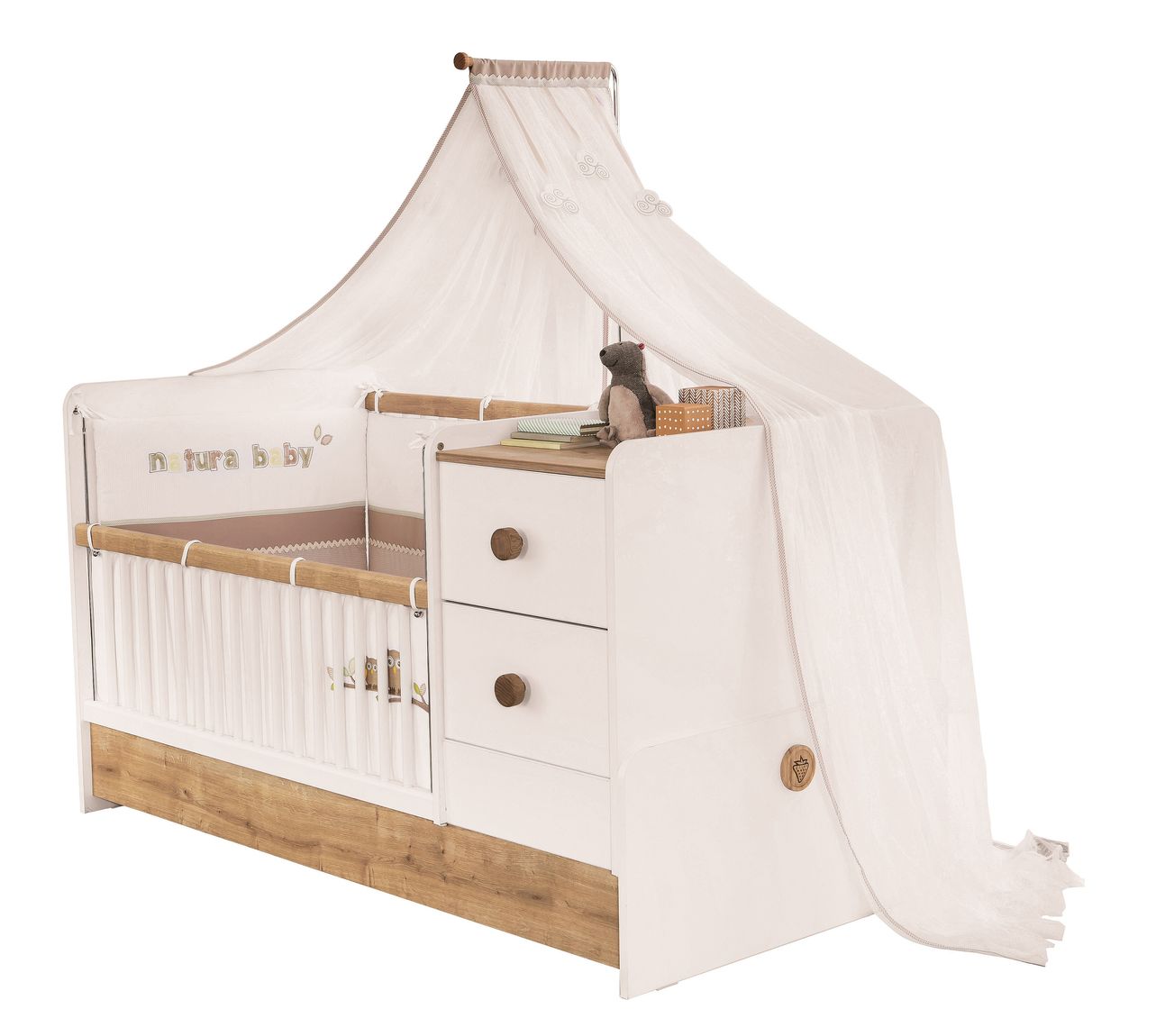 Cilek NATURA BABY Babybett L mitwachsend mit Zubehör Kinderbett Weiß / Natur