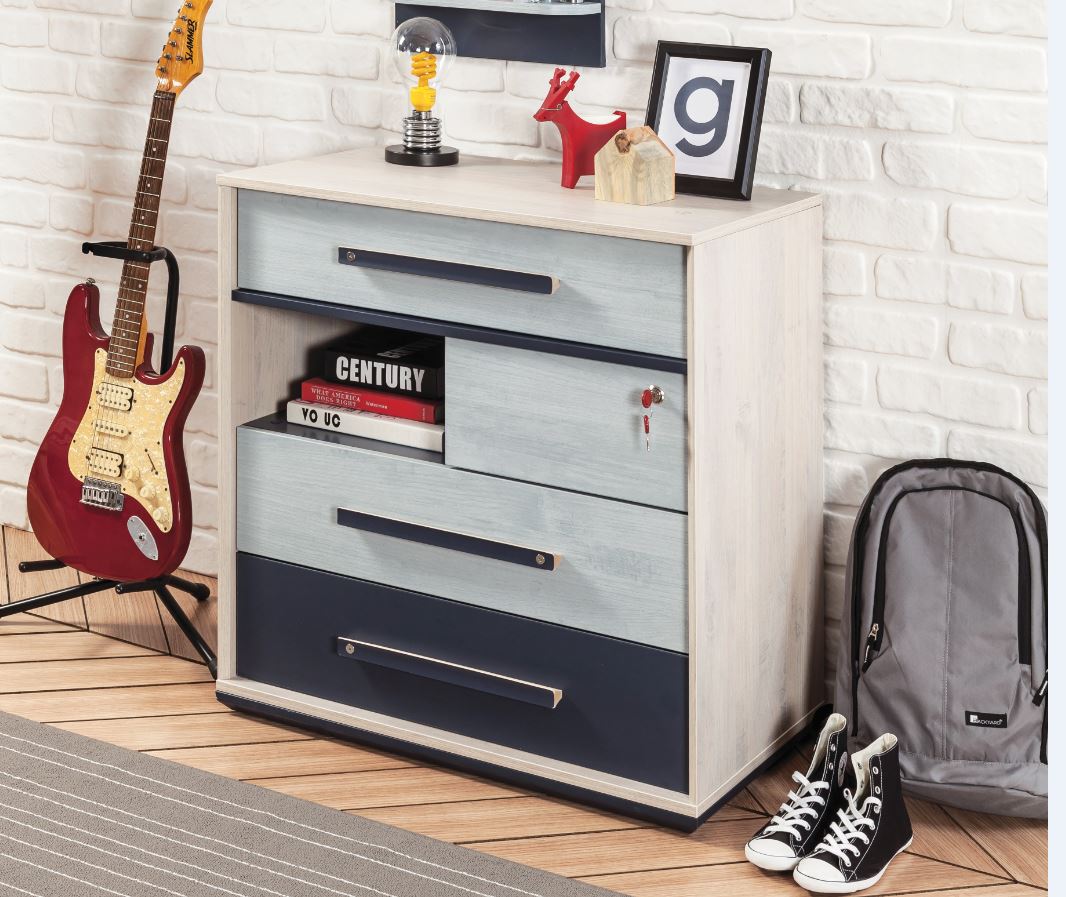 Cilek TRIO Kommode Anrichte Sideboard Kinderzimmer Blau / White-Wash