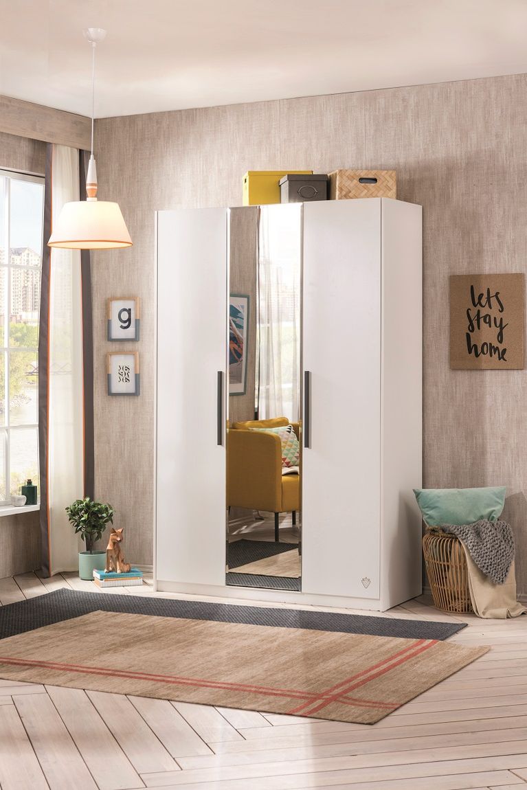 Cilek WHITE 3 Türen Kleiderschrank mit Spiegel Weiß