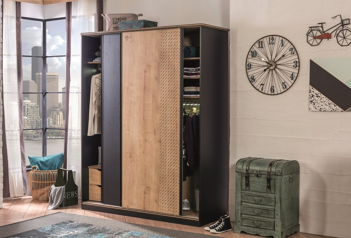 Cilek BLACK Schiebetürenschrank Schwarz / Beige