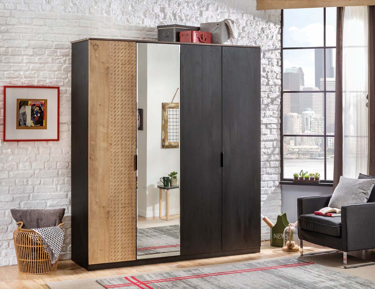 Cilek BLACK Kleiderschrank 4-trg. mit Spiegeltür Schwarz / Beige