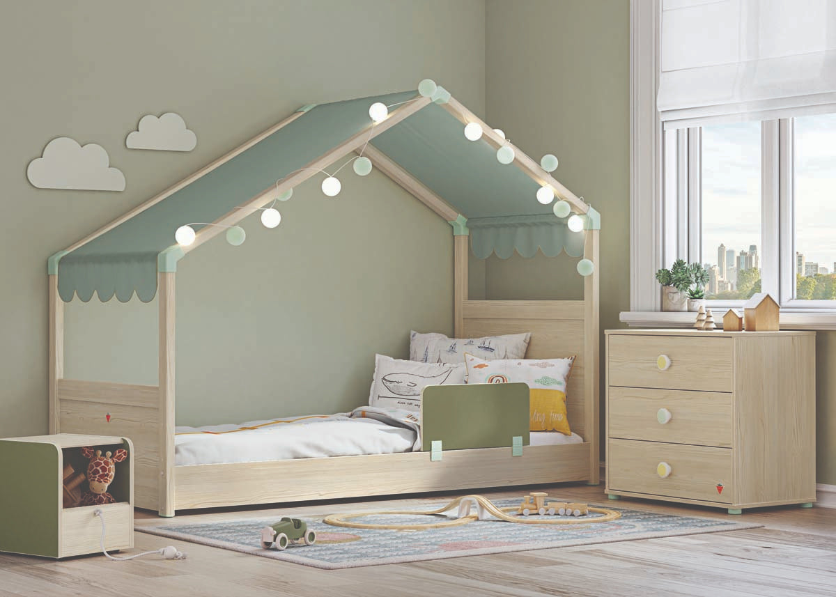 Montessori Hausbett mit Seitendach 90x200 cm Braun / Grün