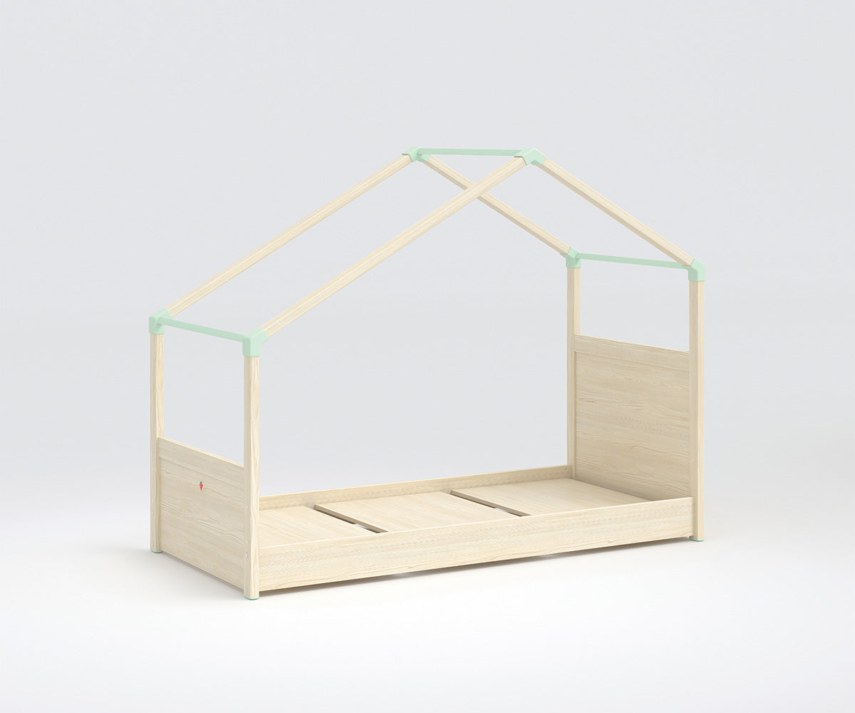 Montessori Hausbett mit Seitendach 90x200 cm Braun / Grün