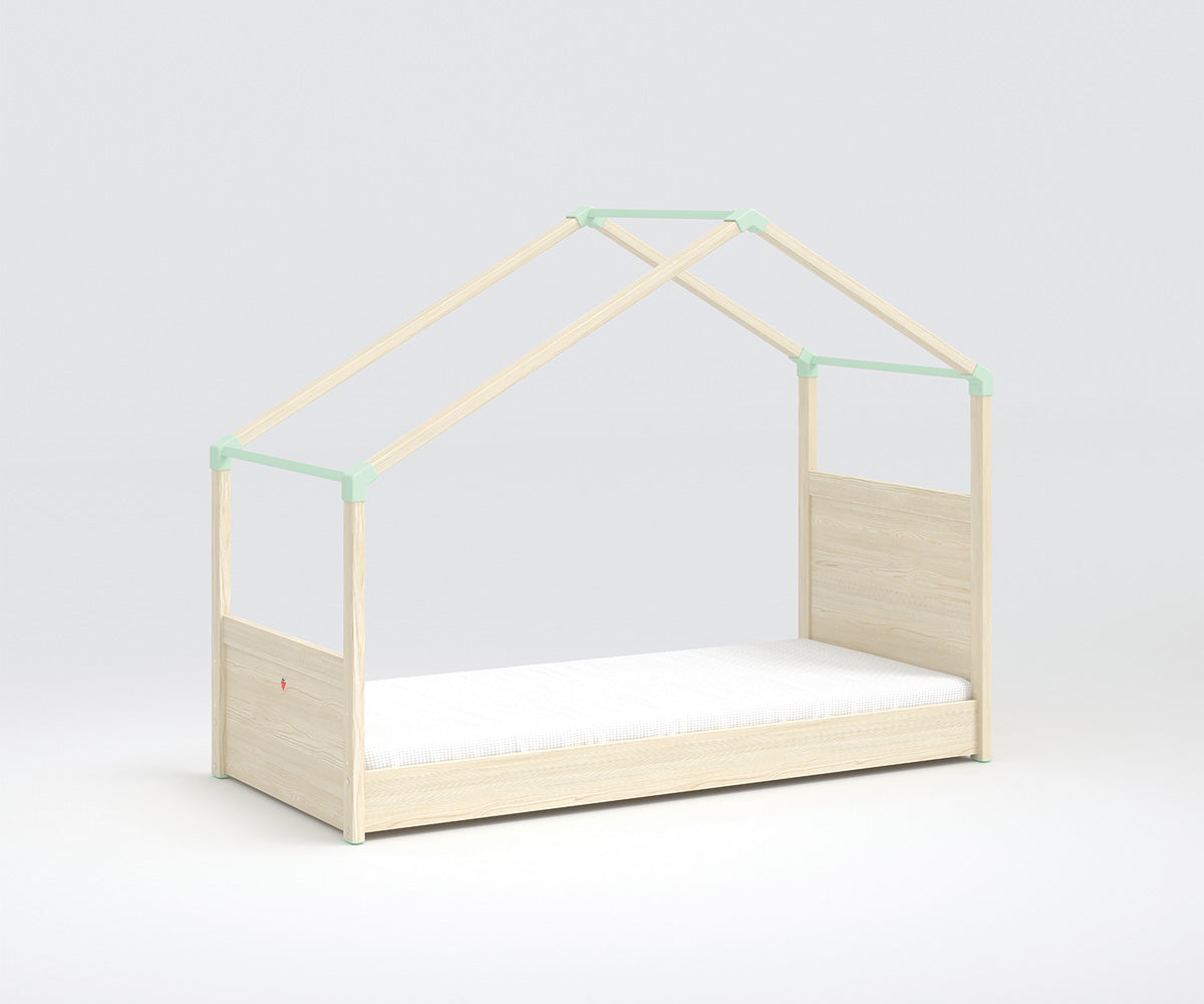 Montessori Hausbett mit Seitendach 90x200 cm Braun / Grün
