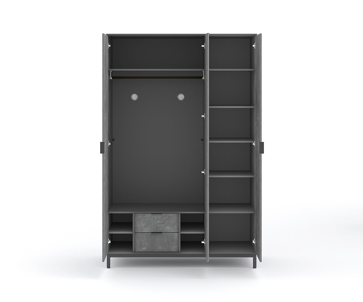 Space Gray 3-türiger Kleiderschrank mit Spiegeltür Grau
