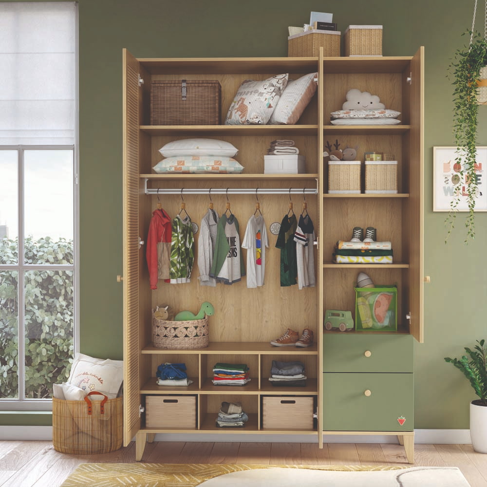 Loof Baby 3-türiger Kleiderschrank Braun / Grün