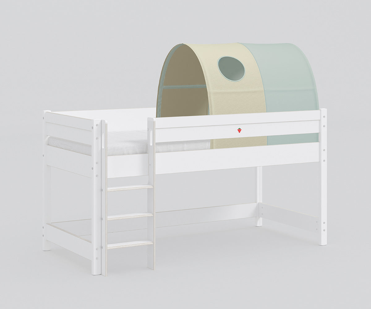 Montessori Halbhochbett mit Tunnelzelt 90x200 cm Weiß / versch. Farben
