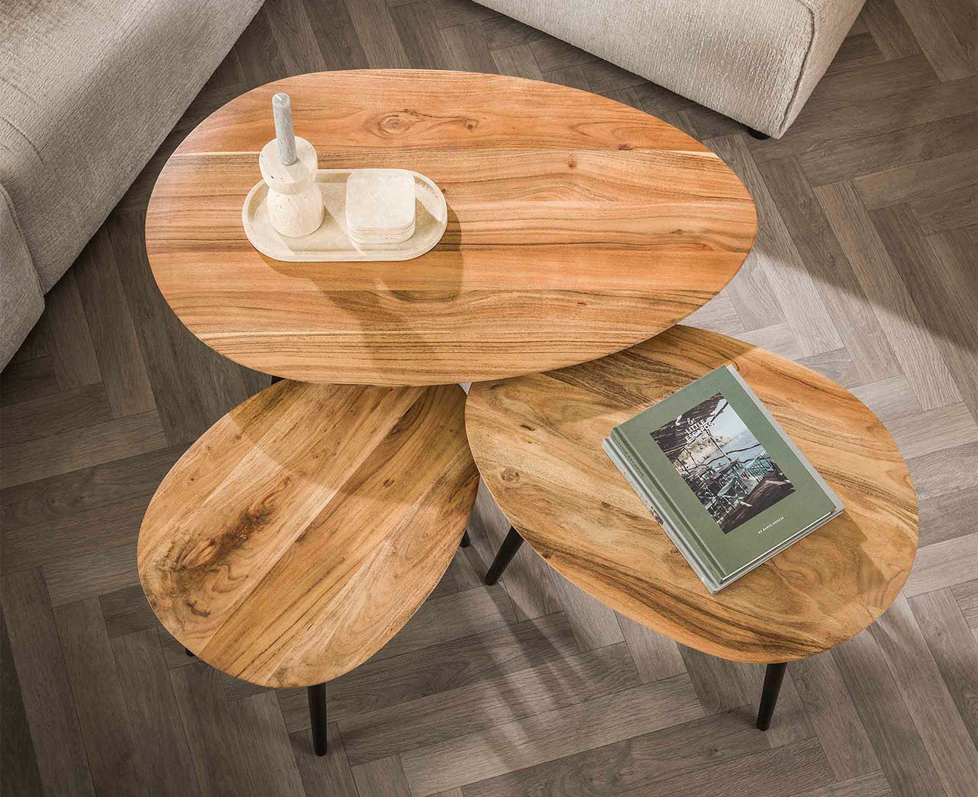 3er Set Couchtisch Akazie Massivholz Natur
