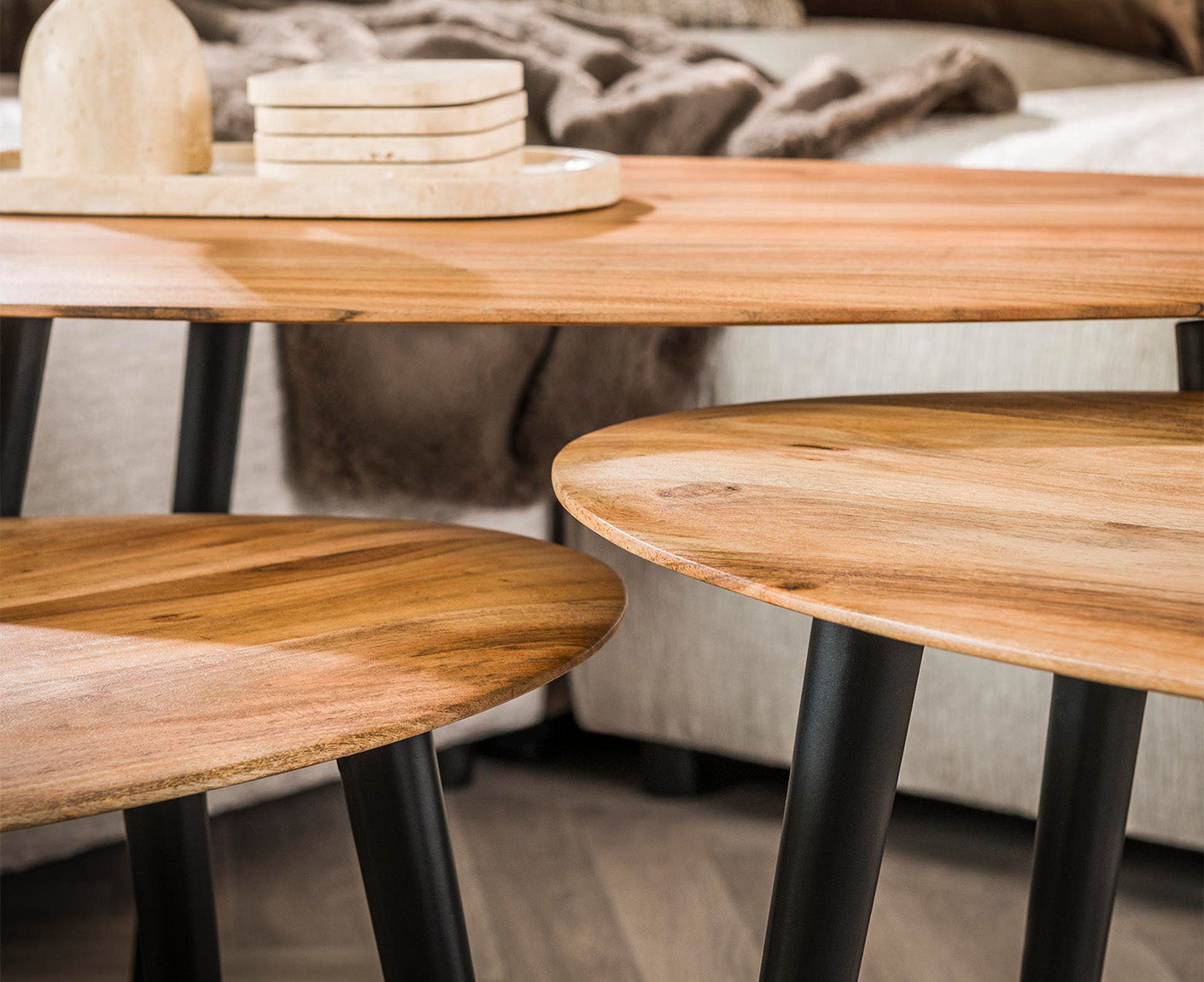 3er Set Couchtisch Akazie Massivholz Natur