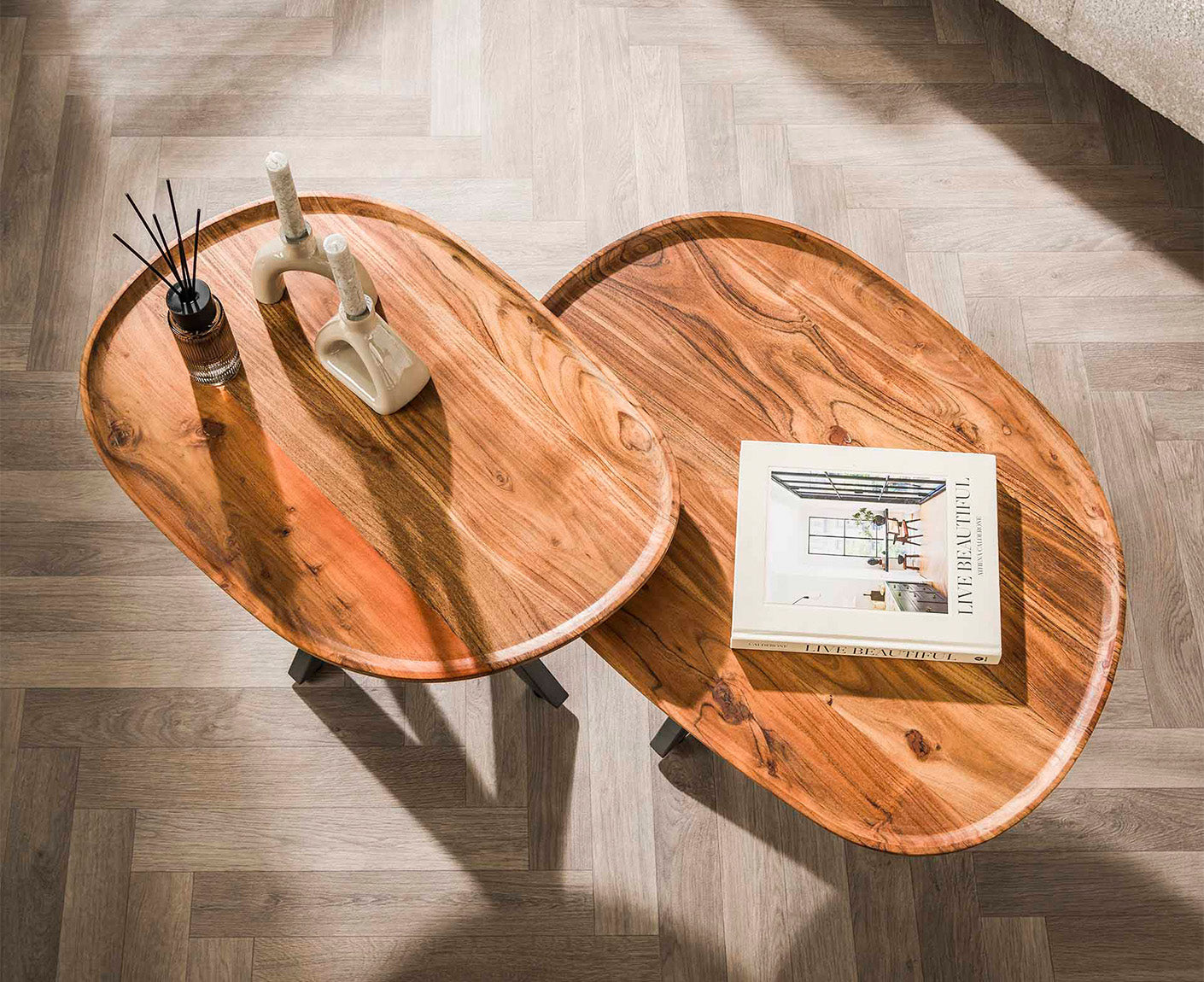 2er Set Couchtisch Akazie Massivholz Natur