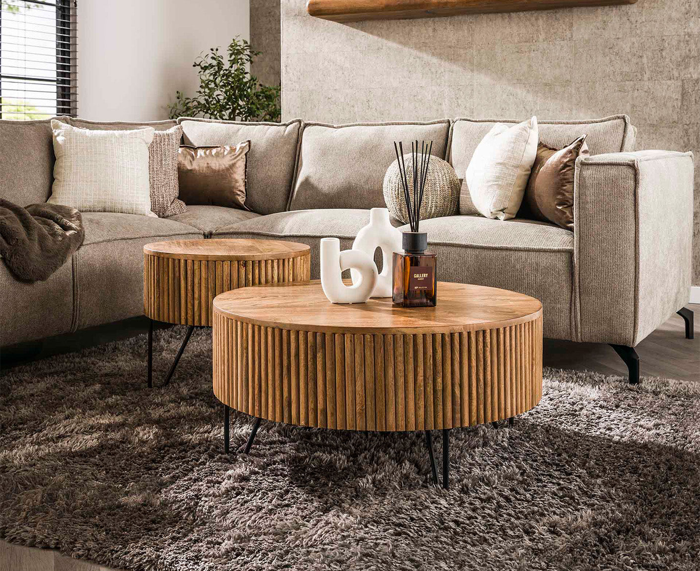 2er Set Couchtisch rund Mango Massivholz