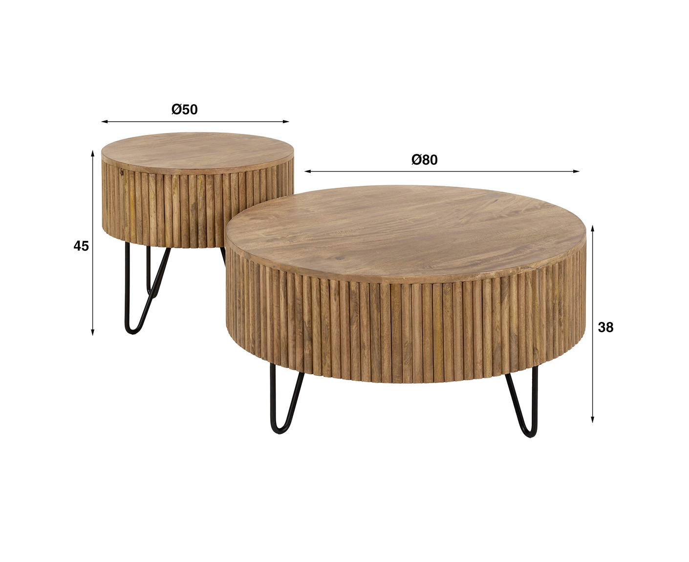 2er Set Couchtisch rund Mango Massivholz