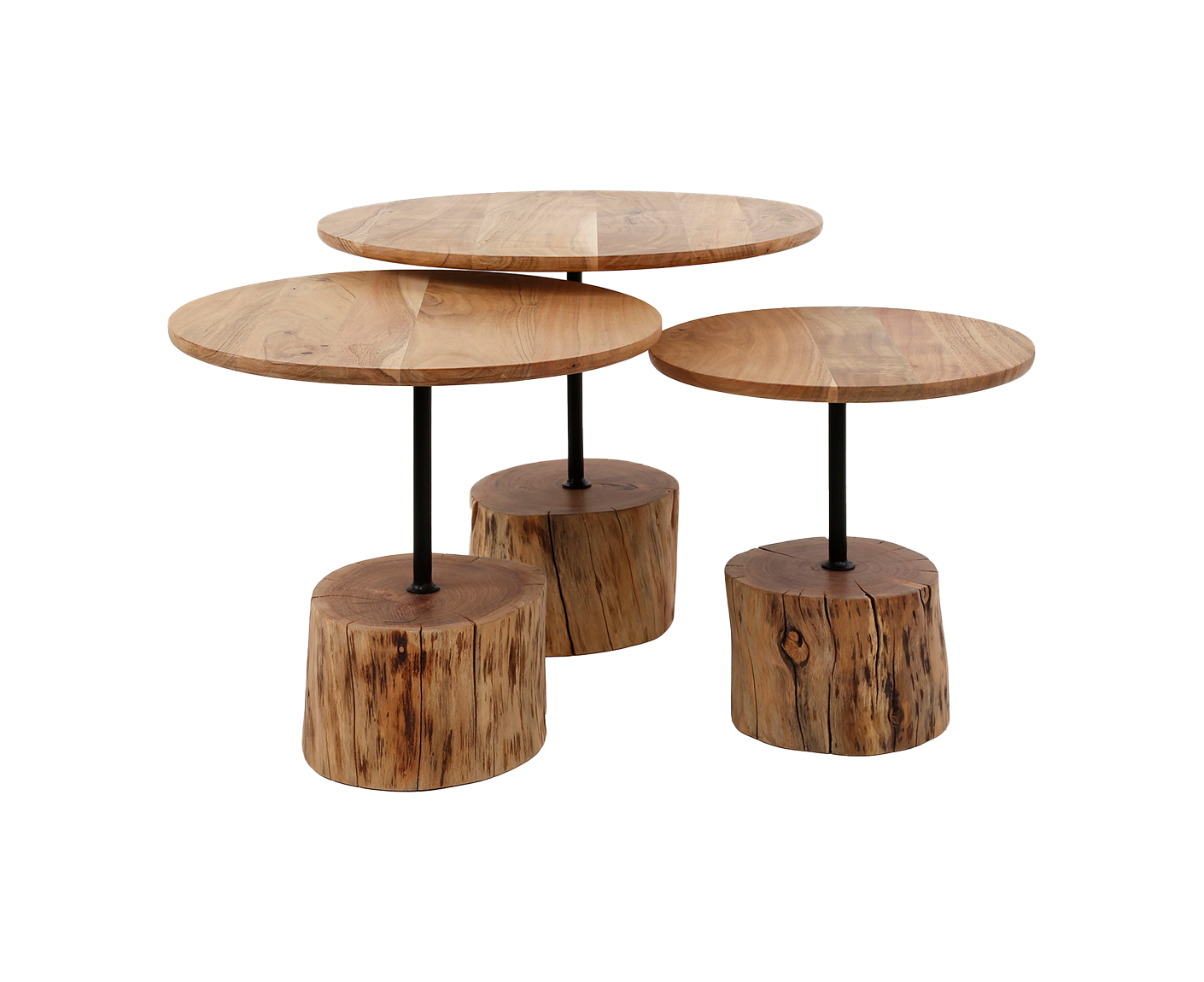 3er Set Couchtisch mit Baumstammfuß Akazie Massivholz