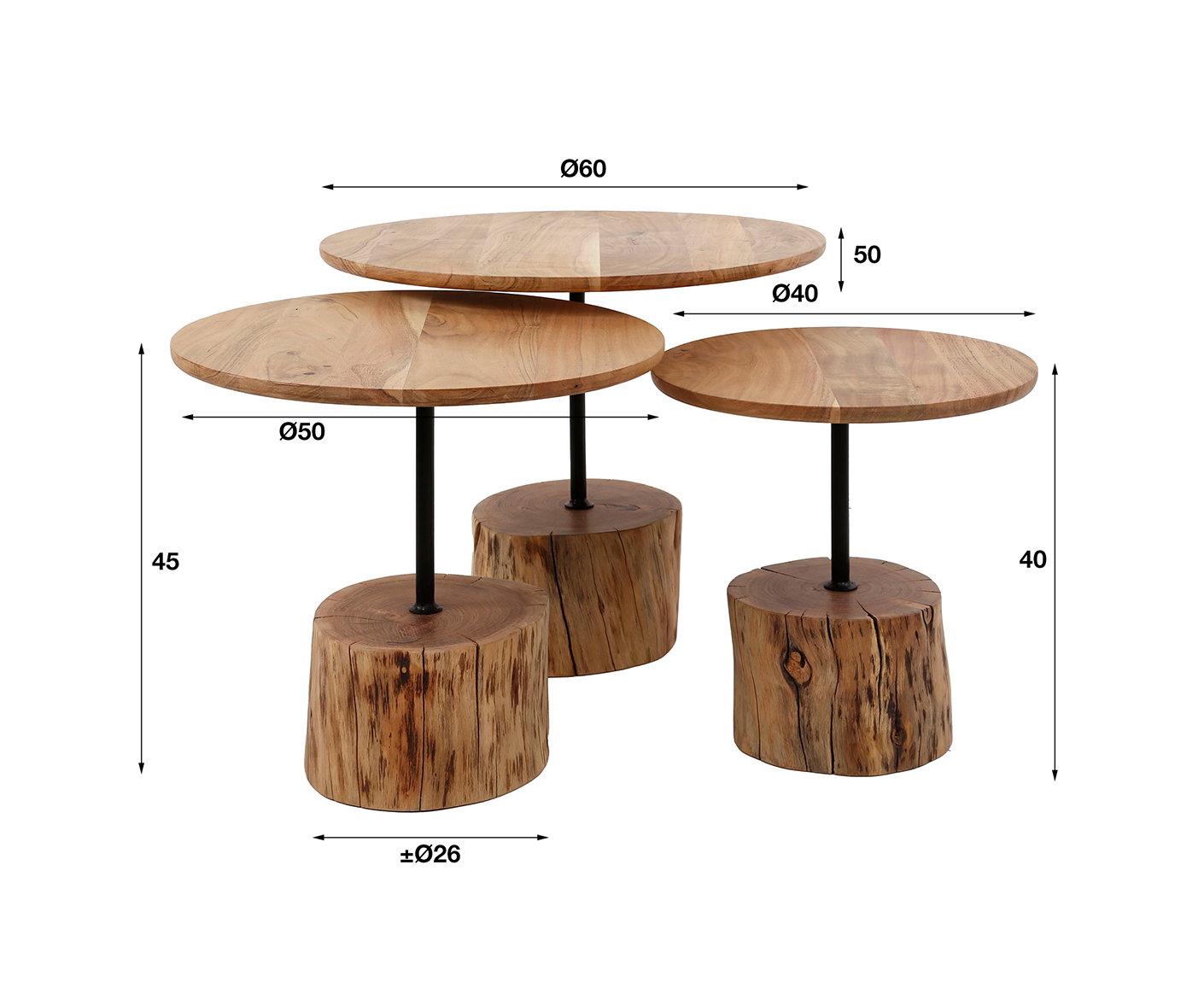3er Set Couchtisch mit Baumstammfuß Akazie Massivholz