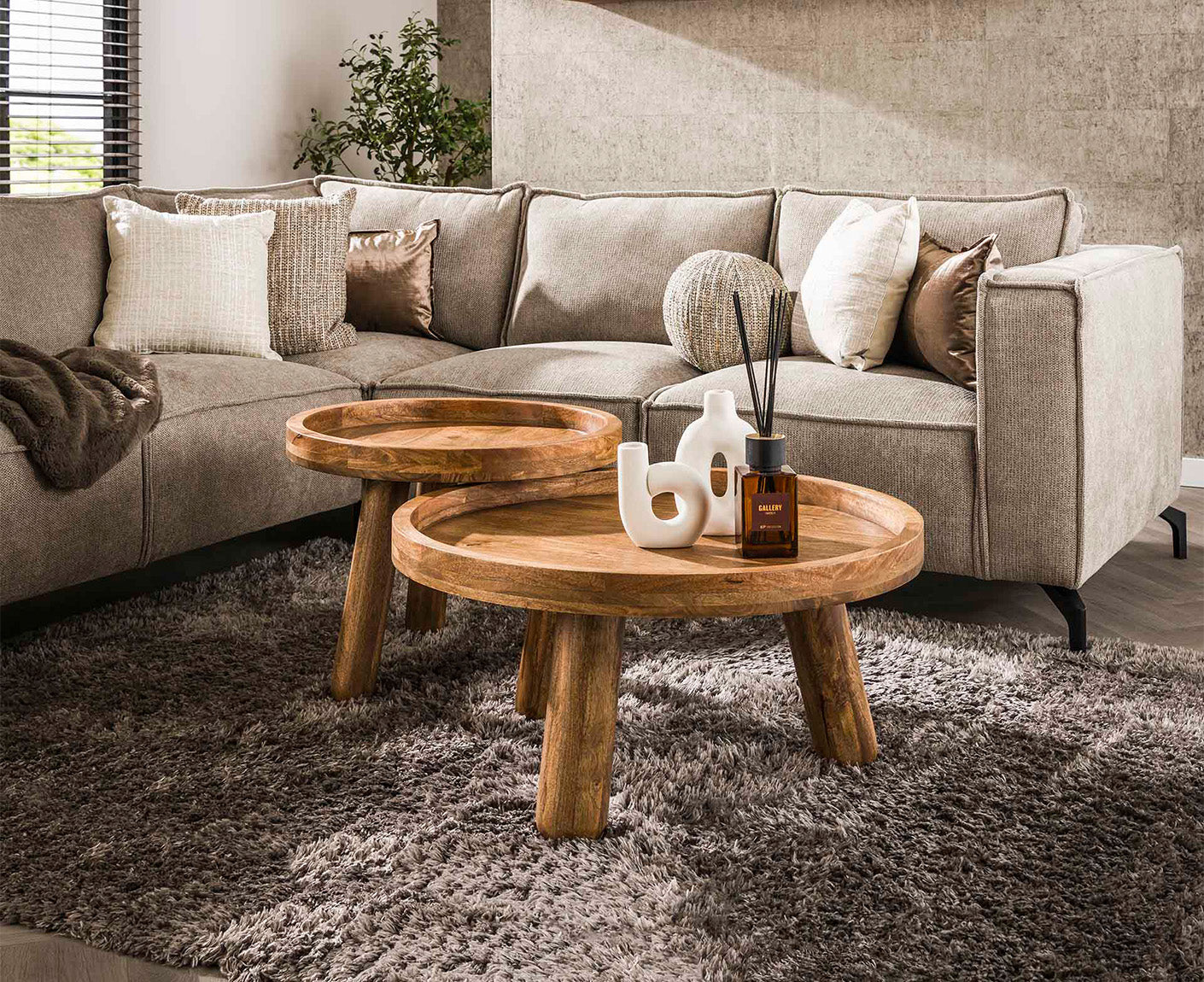 2er Set Couchtisch rund Mango Massivholz