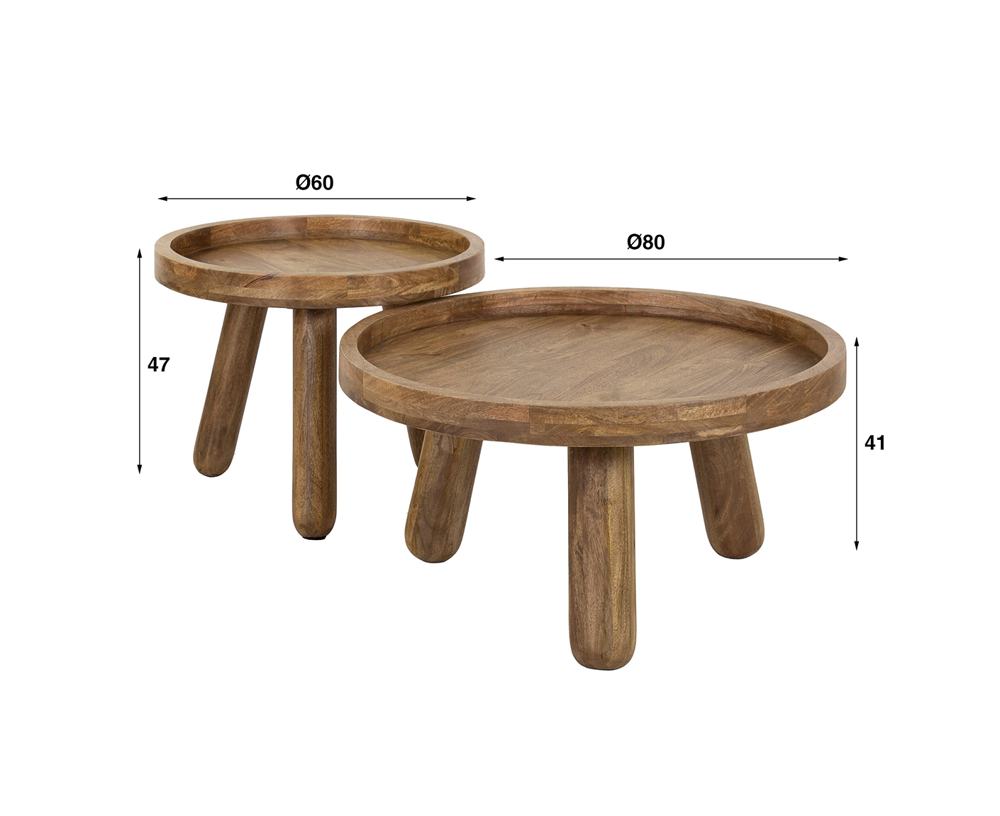 2er Set Couchtisch rund Mango Massivholz