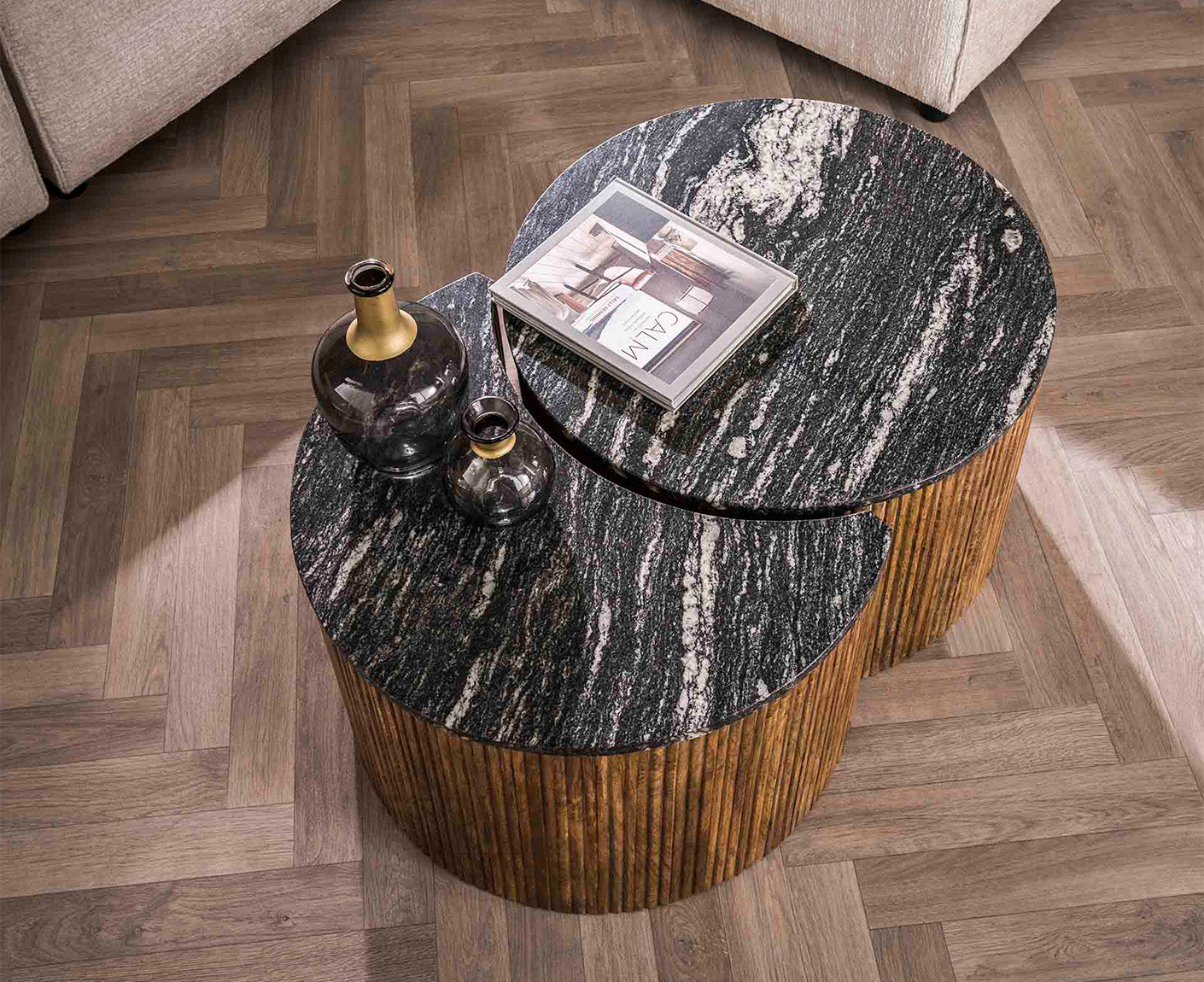 Couchtisch 2er Set halbrund Midnight / Schwarz Marmor