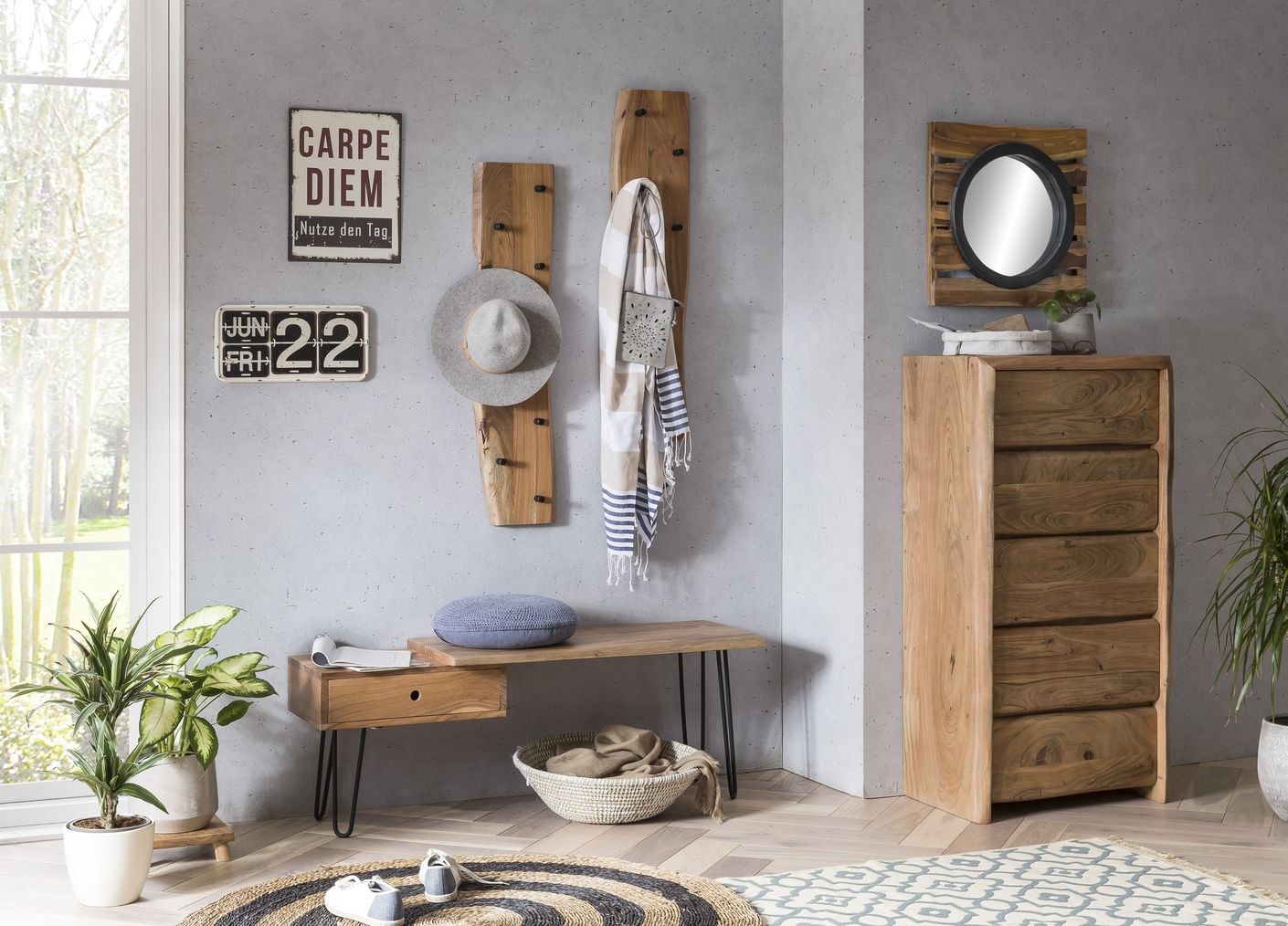 ALBERA Wandgarderobe, 9 Haken Natur