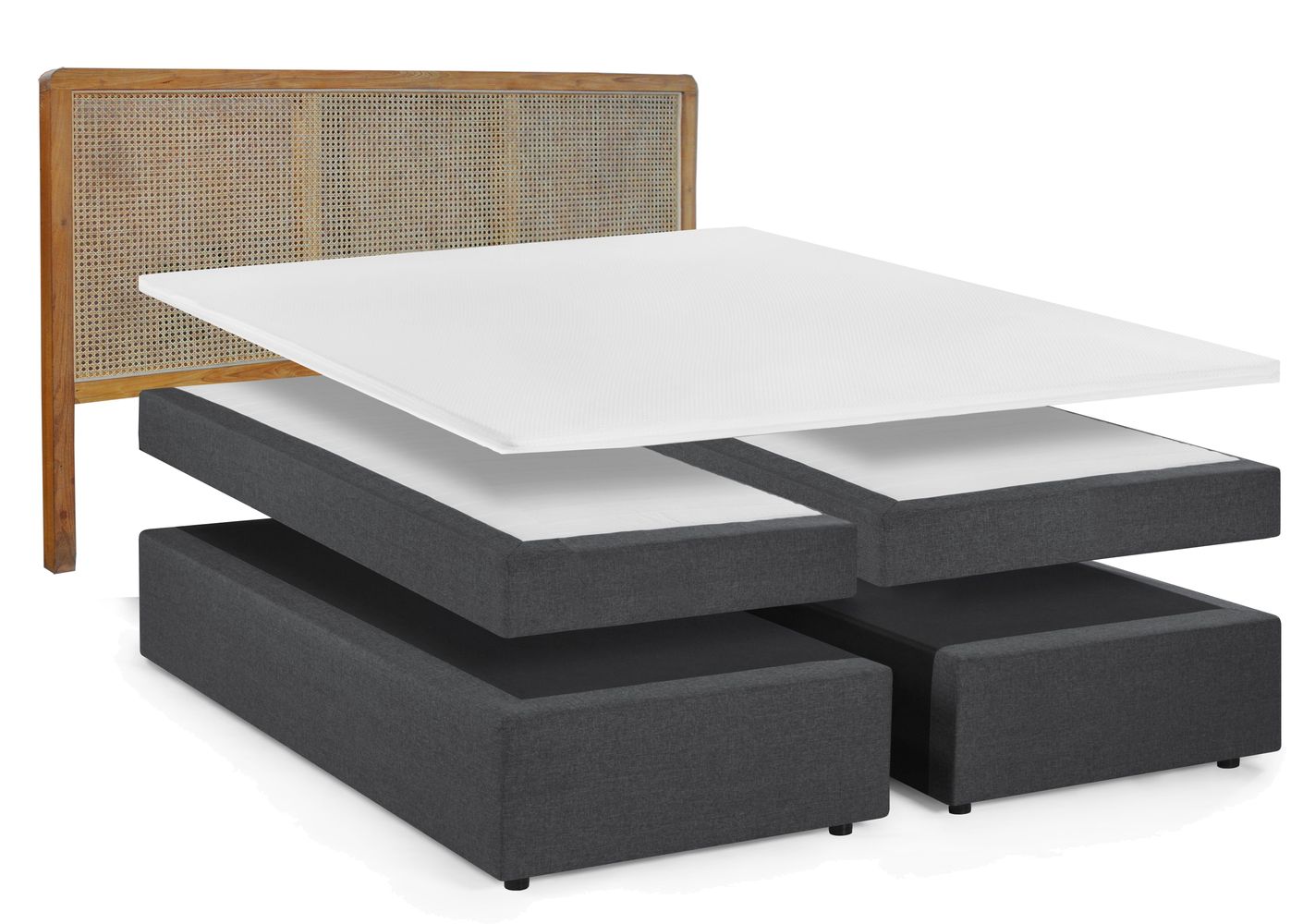 THIS & THAT Boxspringbett mit Teak / Rattan-Kopfteil Dunkelgrau, Natur