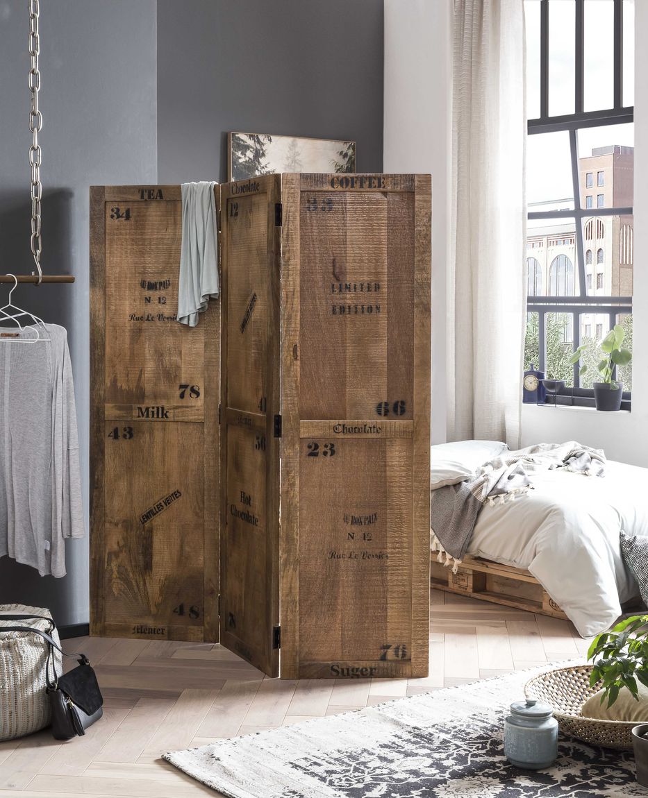 RUSTIC Paravent Natur Antik mit Antikschwarzen Beschlägen