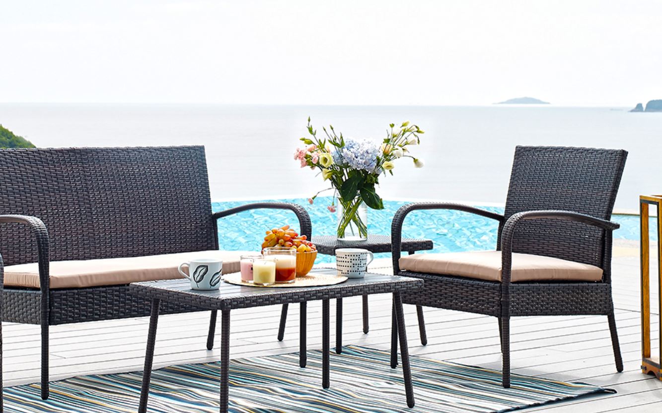 Garten Sitzgruppe Set Polyrattan Grau / Beige