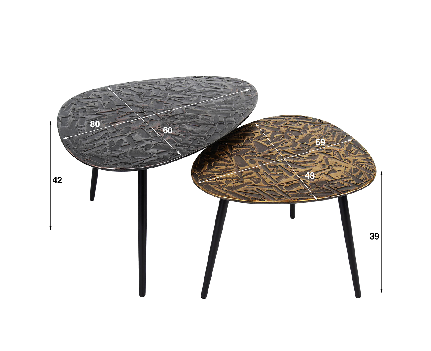 2er Set Couchtisch dreieckig Patina Metal
