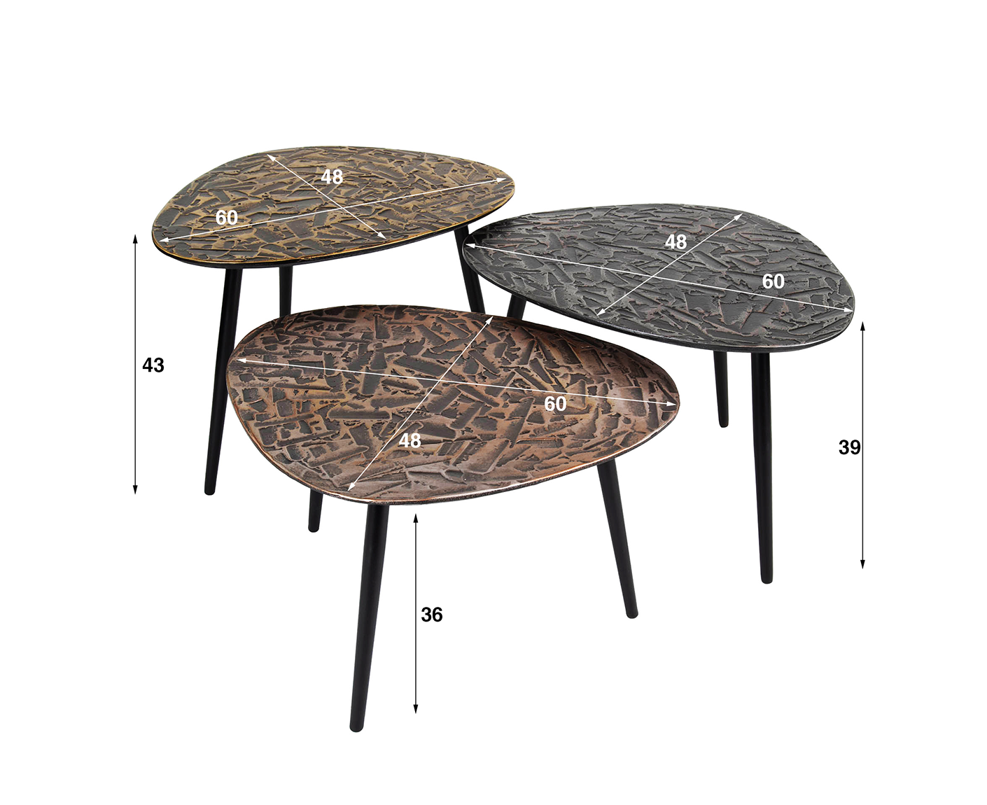 3er Set Couchtisch dreieckig Patina Metal
