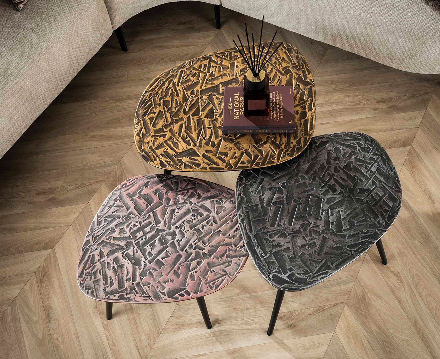 3er Set Couchtisch Patina Metal