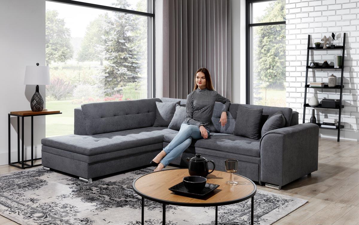 Pieretta Ecksofa Ausführung Links 260 x 205 cm Dunkelgrau / Weiß (Webstoff / Kunstleder)