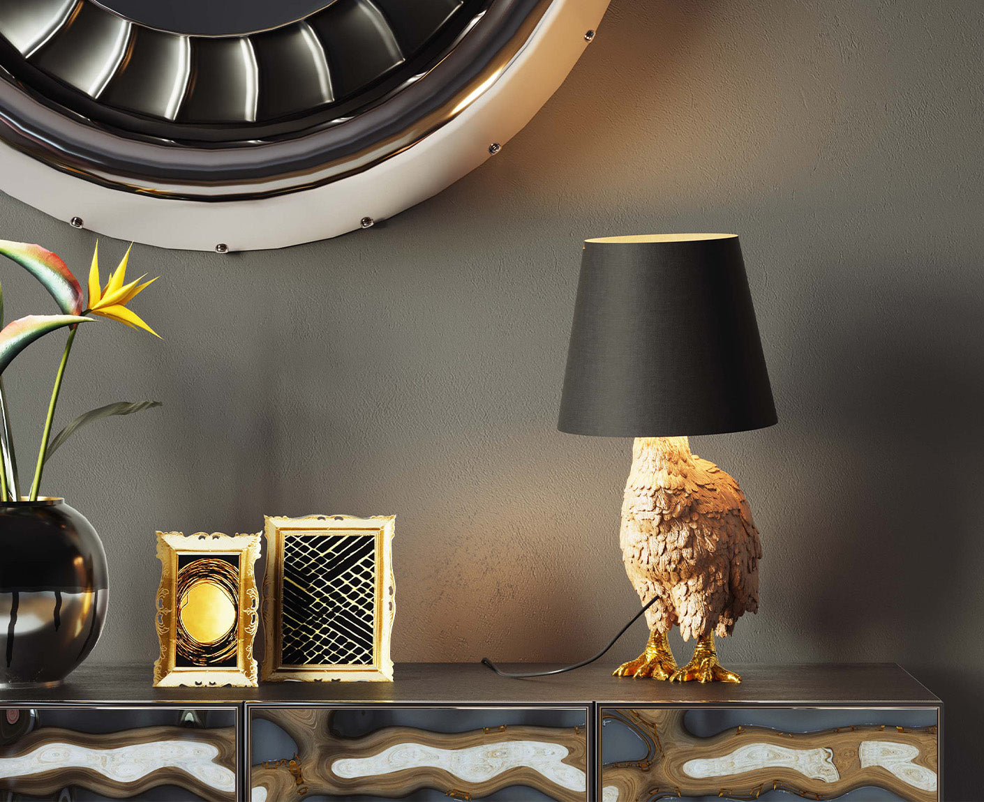 Tischlampe Designerlampe Tischleuchte Animal Duck 58 cm, Schwarz / Gold