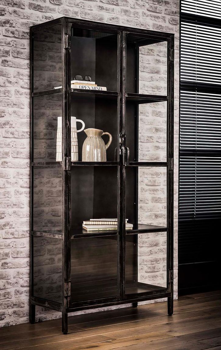 Standvitrine Metal 2 Türen Montiert Industrial Style Grau