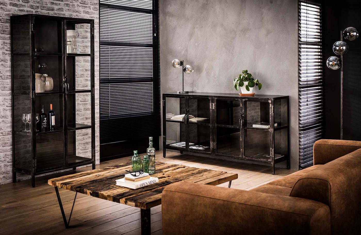 Standvitrine Metal 2 Türen Montiert Industrial Style Grau