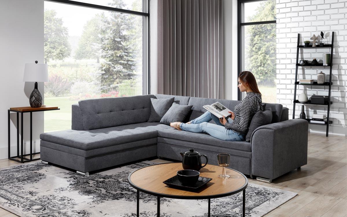 Pieretta Ecksofa Ausführung Links 260 x 205 cm Dunkelgrau / Weiß (Webstoff / Kunstleder)