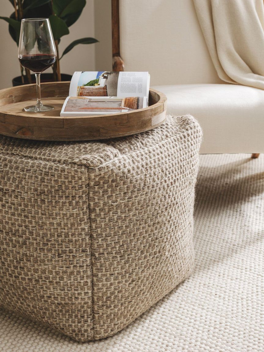 Handgefertigter Woll-Pouf Rocco 45x45x45 cm Taupe
