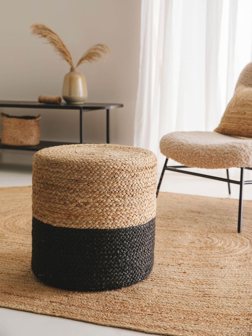 Handgefertigter Jute-Pouf Jutta 40x40x40 cm Hellbraun / Schwarz