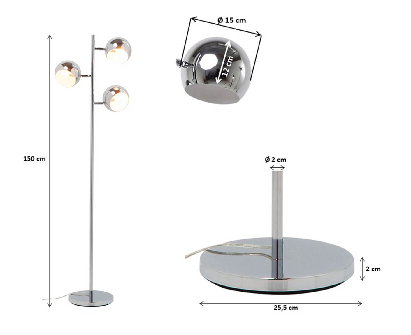 Stehlampe Leselampe Stehleuchte Calotta Chrome 151 cm Silber