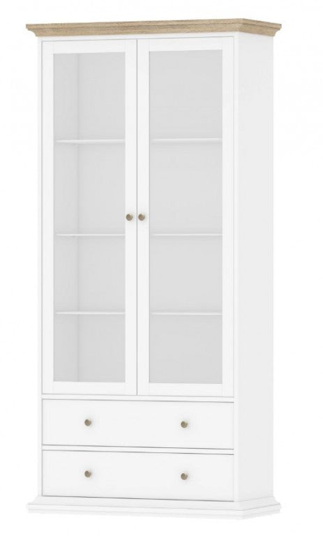 Paris Vitrine Vitrinenschrank Standvitrine Wohnzimmer Weiß / Eiche Struktur