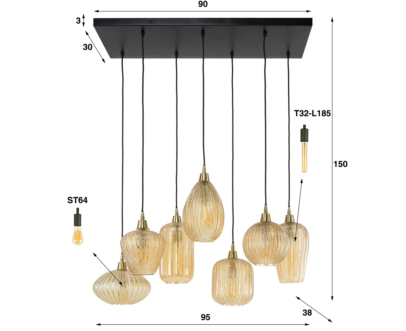 Hängelampe 4+3L, V-Design, Bernsteinglas
