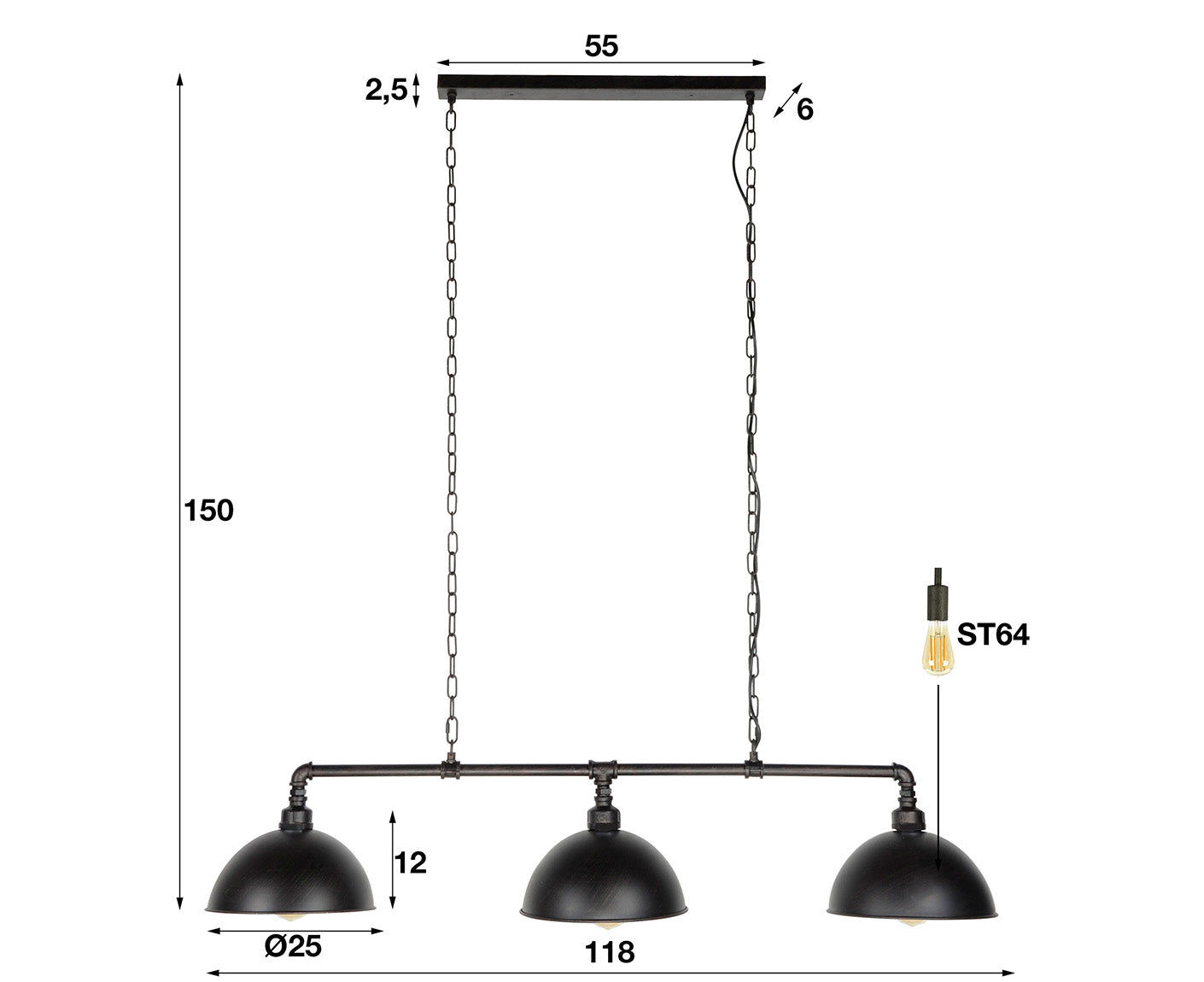 Hängelampe 3L Industrierohr, Schwarz