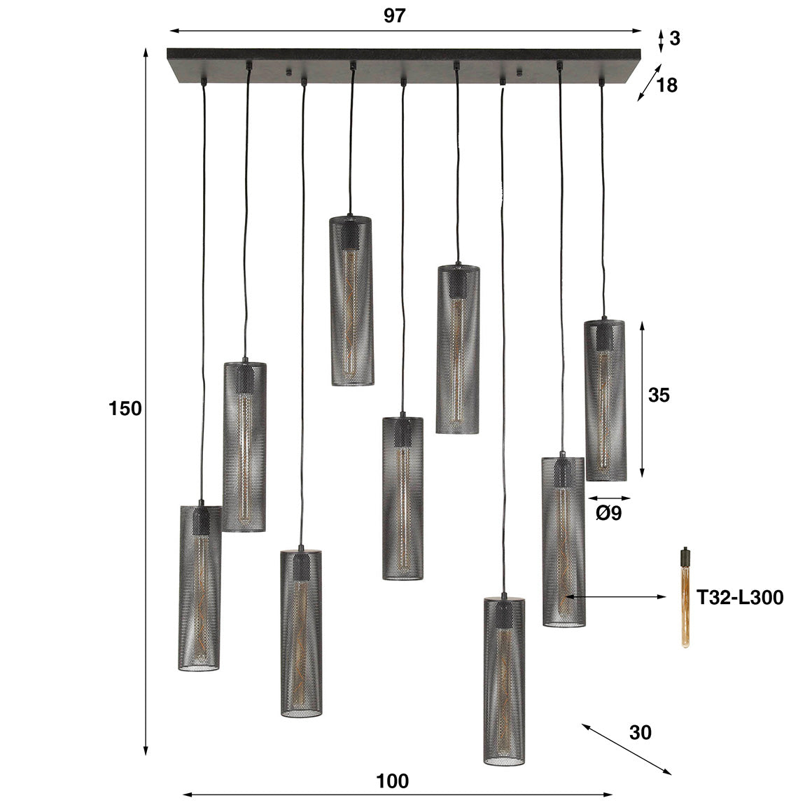 Hängelampe 5+4 Tube Mesh / Artic Schwarz