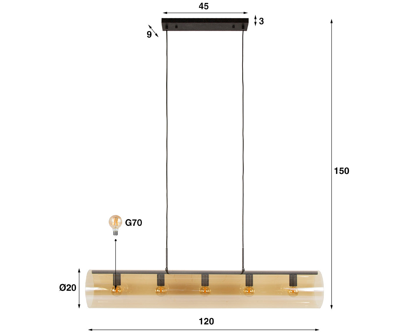 Hängelampe 5L Tube Braunglas / Artic Schwarz