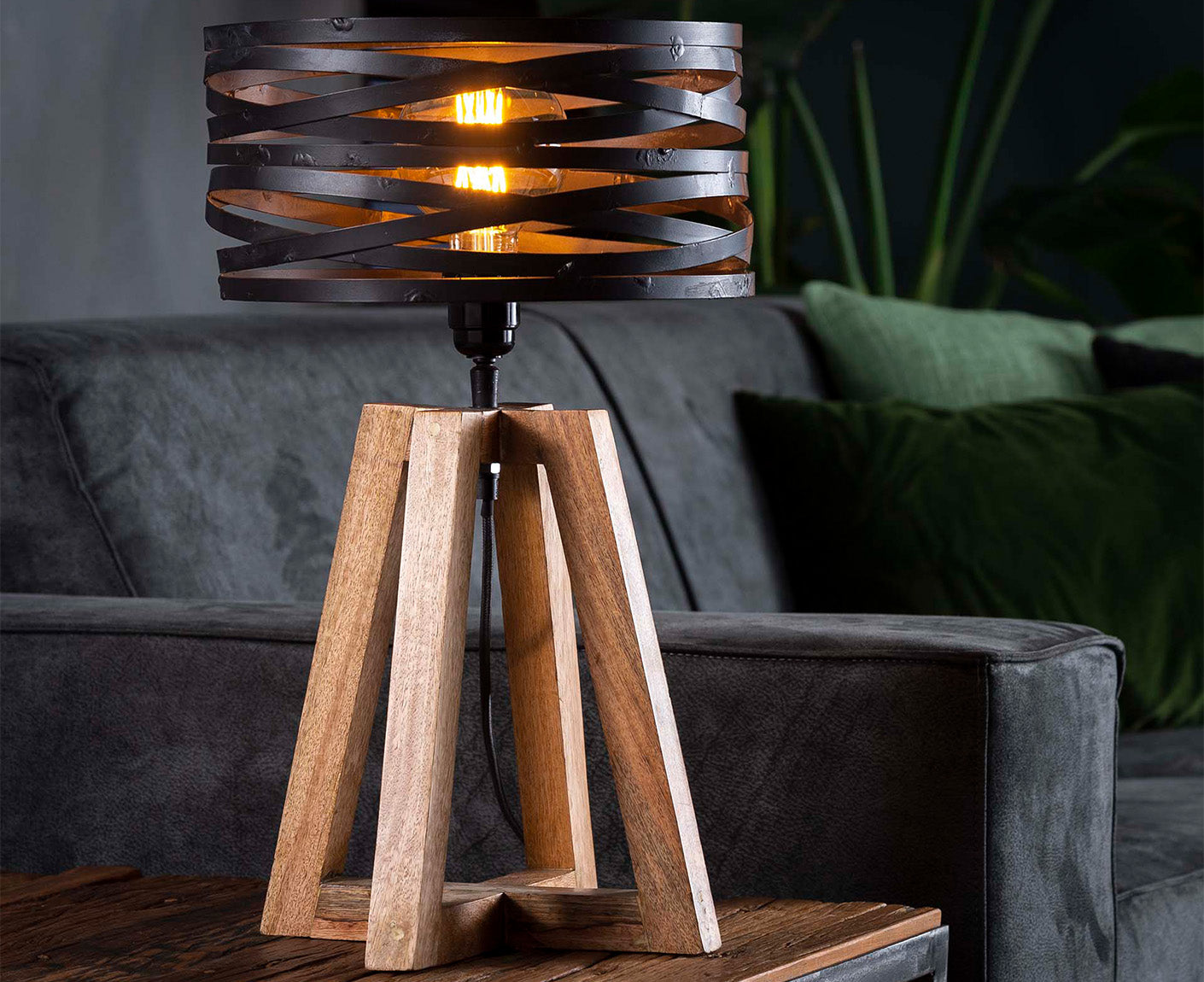 Tischlampe mit Kreuzrahmen, Massivholz / Schiefergrau