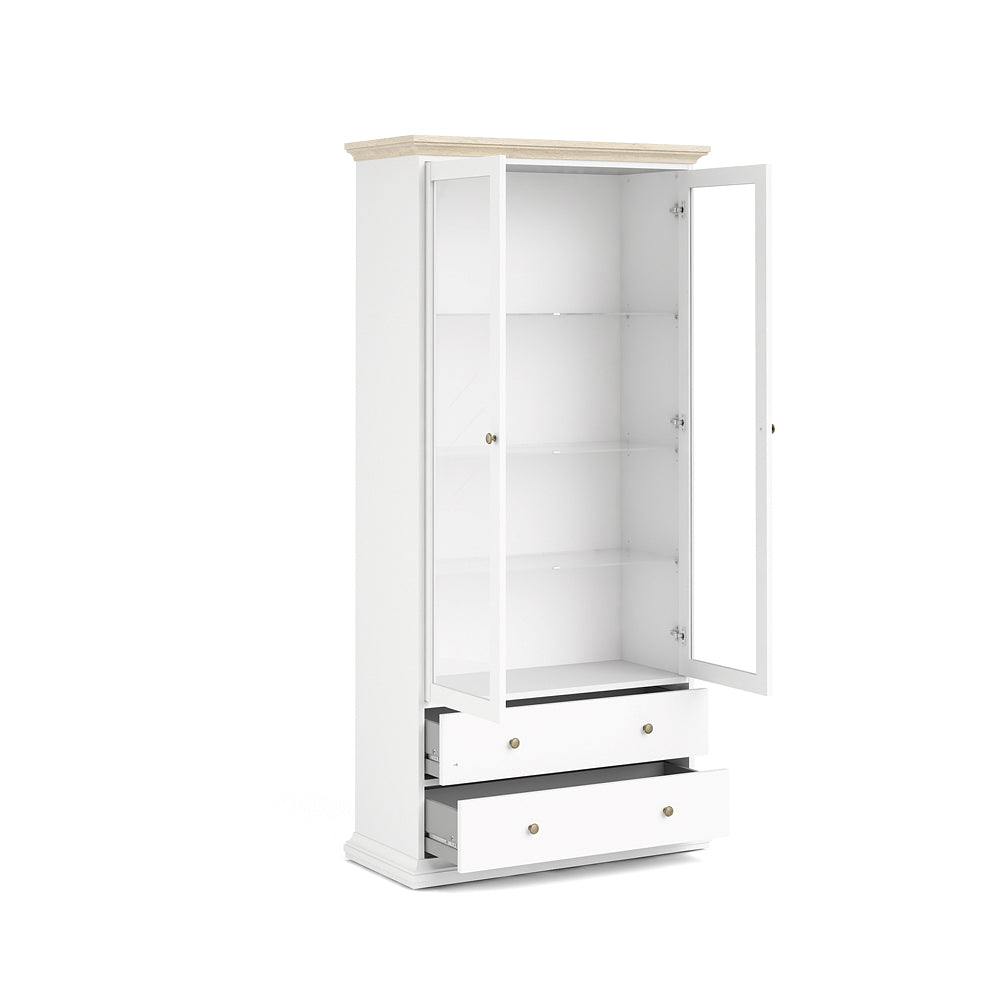 Paris Vitrine Vitrinenschrank Standvitrine Wohnzimmer Weiß / Eiche Struktur