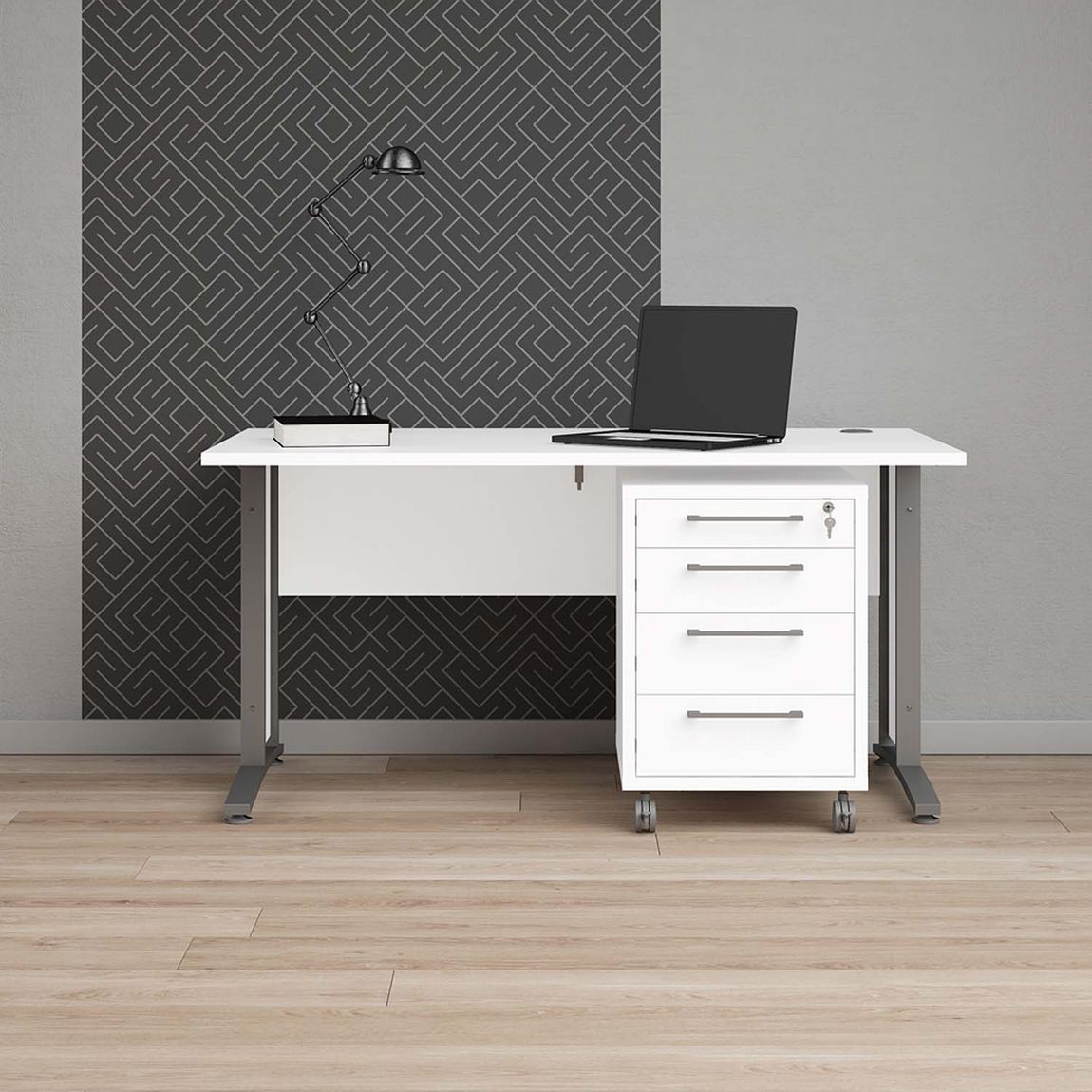 Prima Schreibtisch mit Rollcontainer 150x80cm Weiß