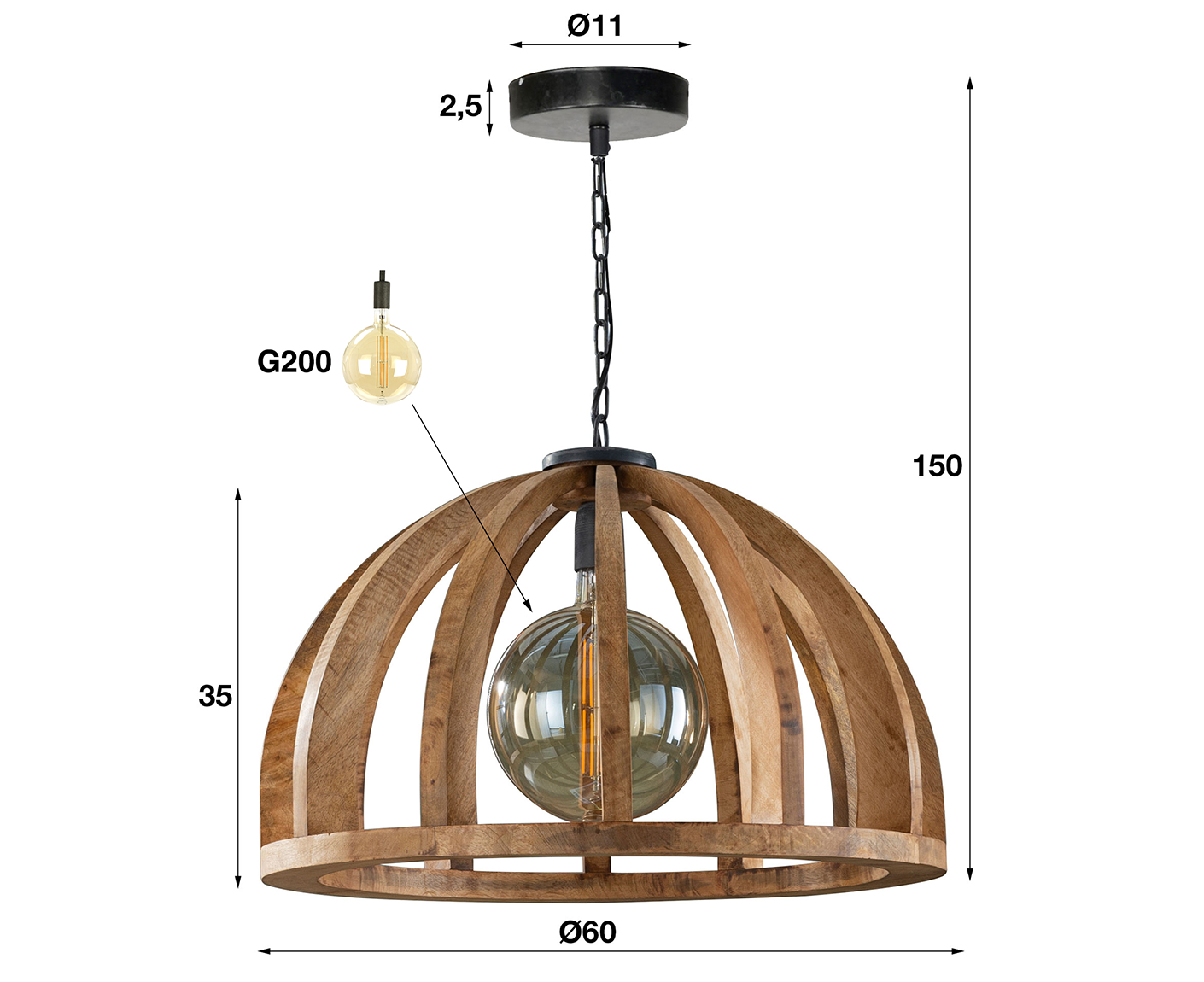 Hängeleuchte 60 cm mit gebogenen Holzleisten Mango Massivholz Natur