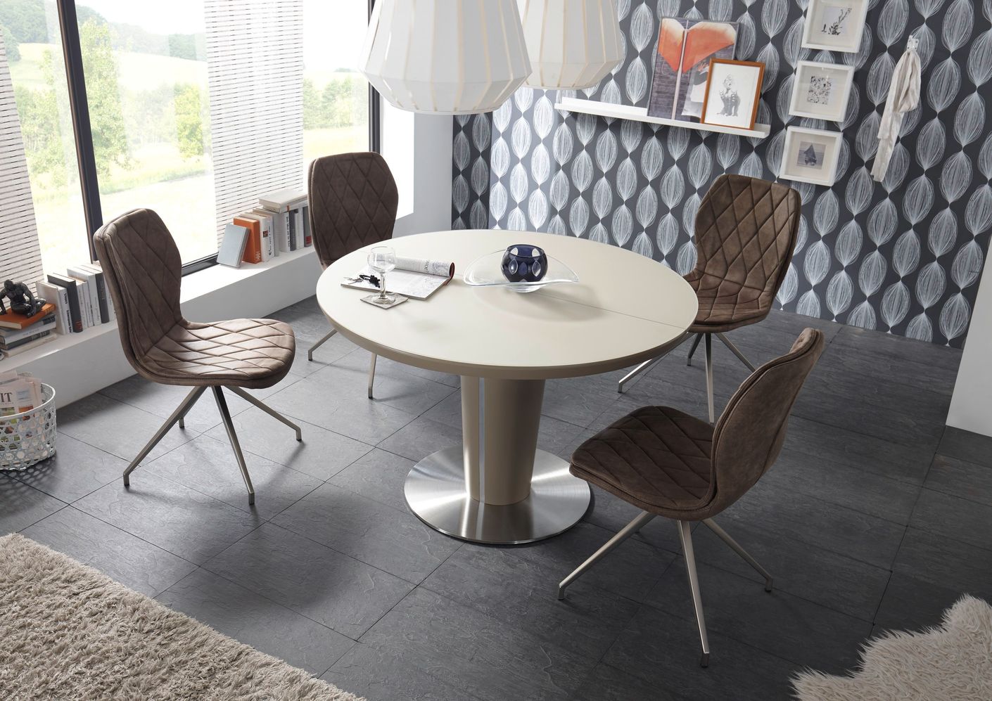 21745 Stuhl gespolstert, Gestell Nickel gebürstet, 2er Set Taupe